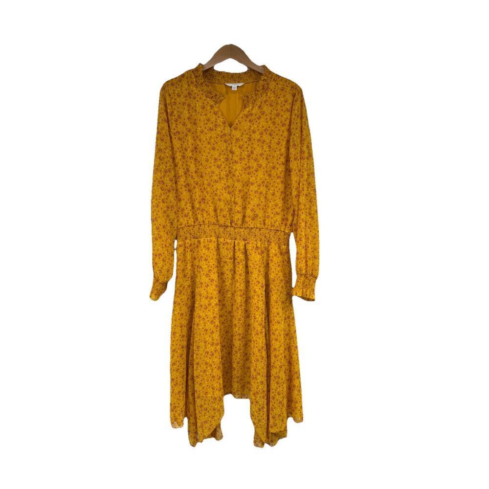 Time And Tru Mustard Yellow Floral Sharkbite Hem‎ Long Sleeve Dress Womens Large
